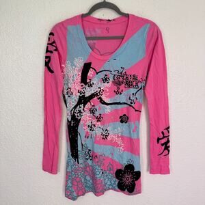 Christian Audigier Y2K Shirt Womens Small Crystal Rock Tokyo Sun Cherry Blossom